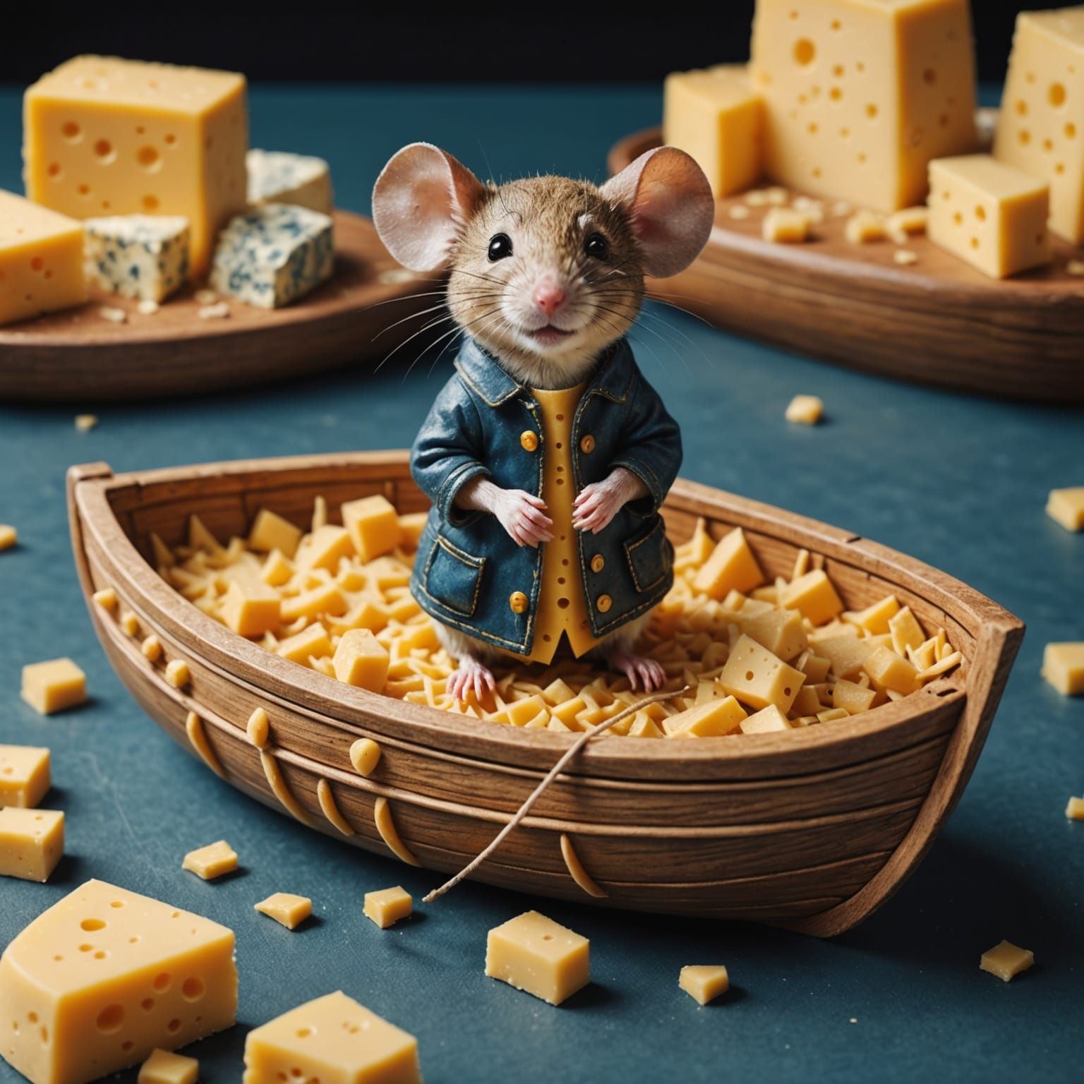 Cute Mouse in Cheese Boat, Hyperrealistic Detail