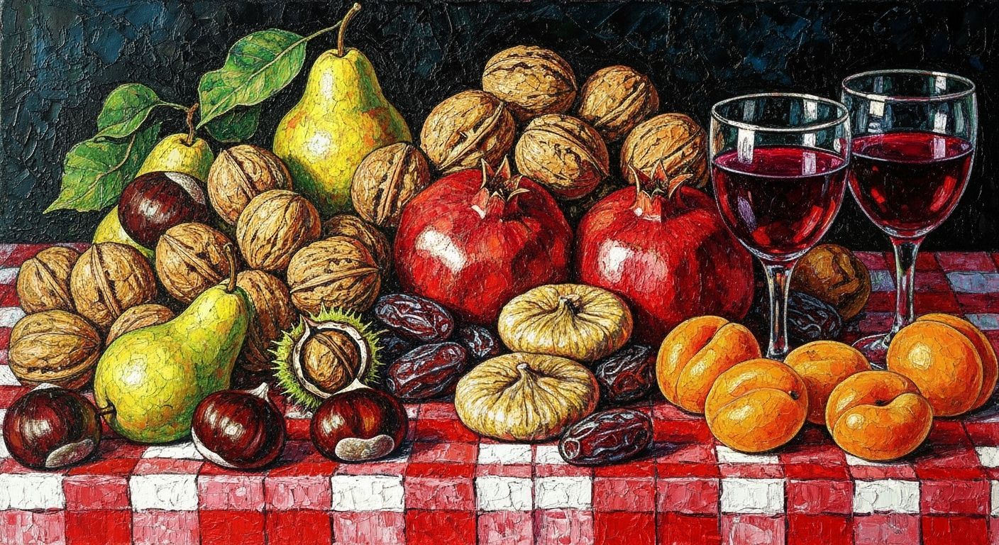 Maximalist Still Life Painting of Abundant Fruits and Nuts