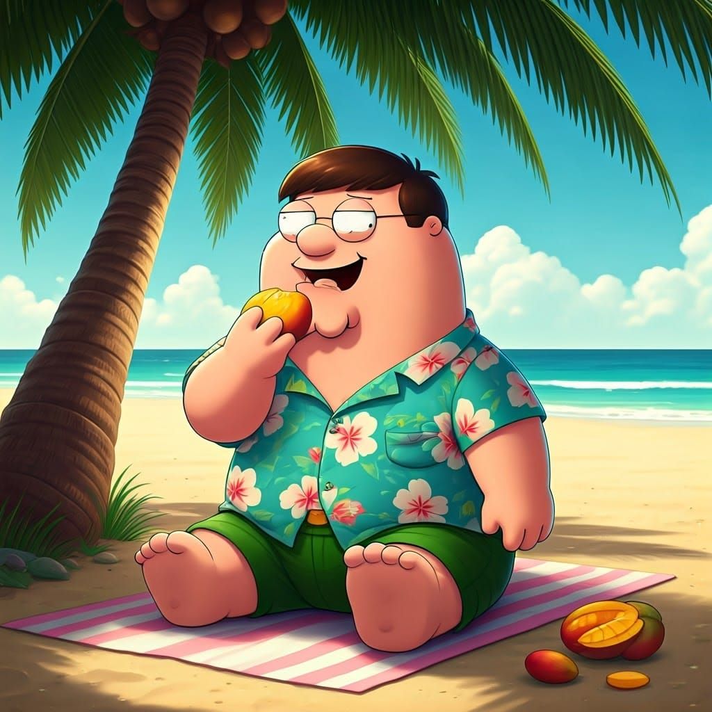 Peter Griffin Savoring Mangos in Vibrant 3D Anime Style