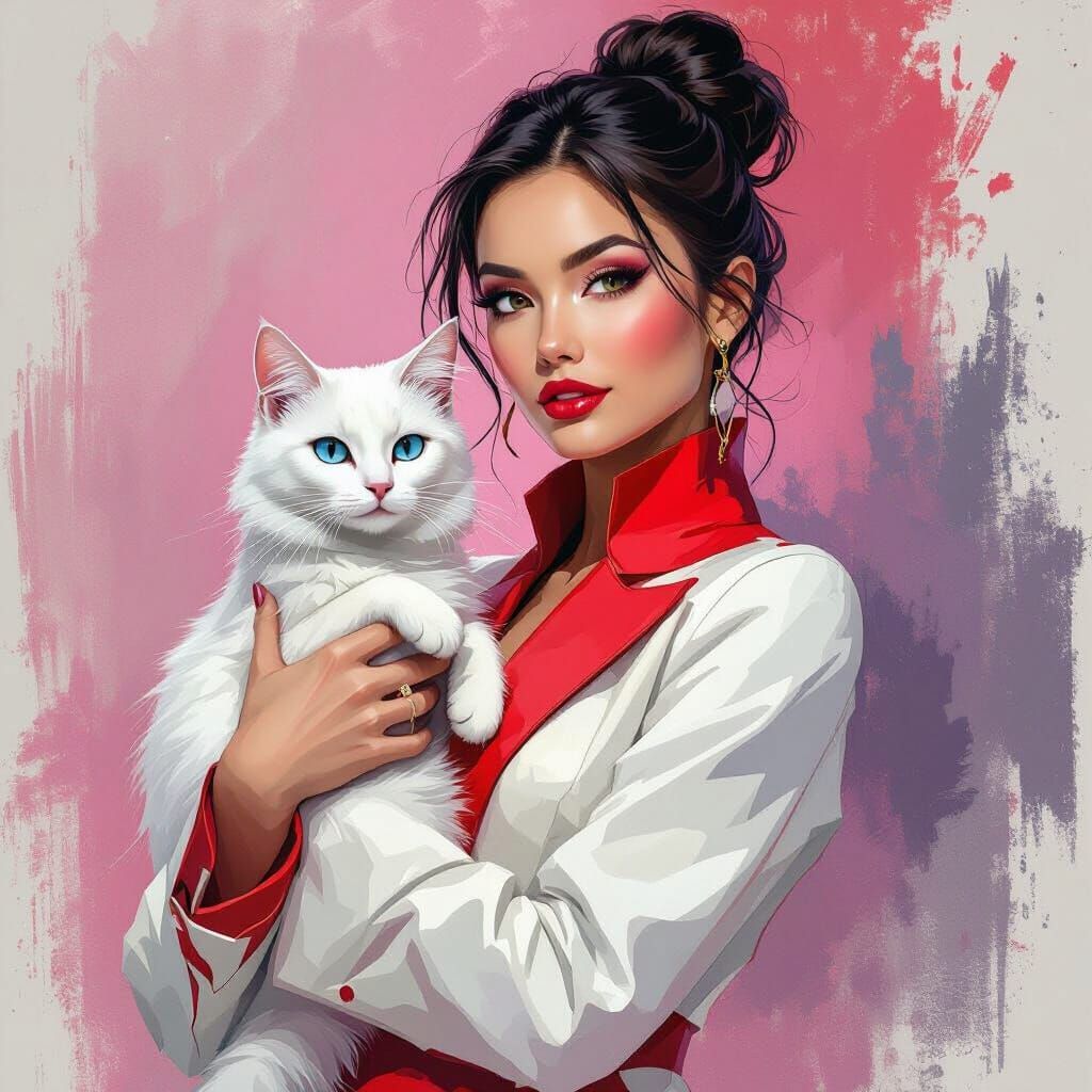 A digital painting of a stylish woman wearing a large white and vibrant red clothing, holding a white cat with striking ...
