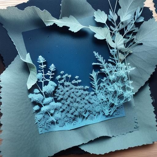Intricate Cyanotype Image of Assorted Herbs