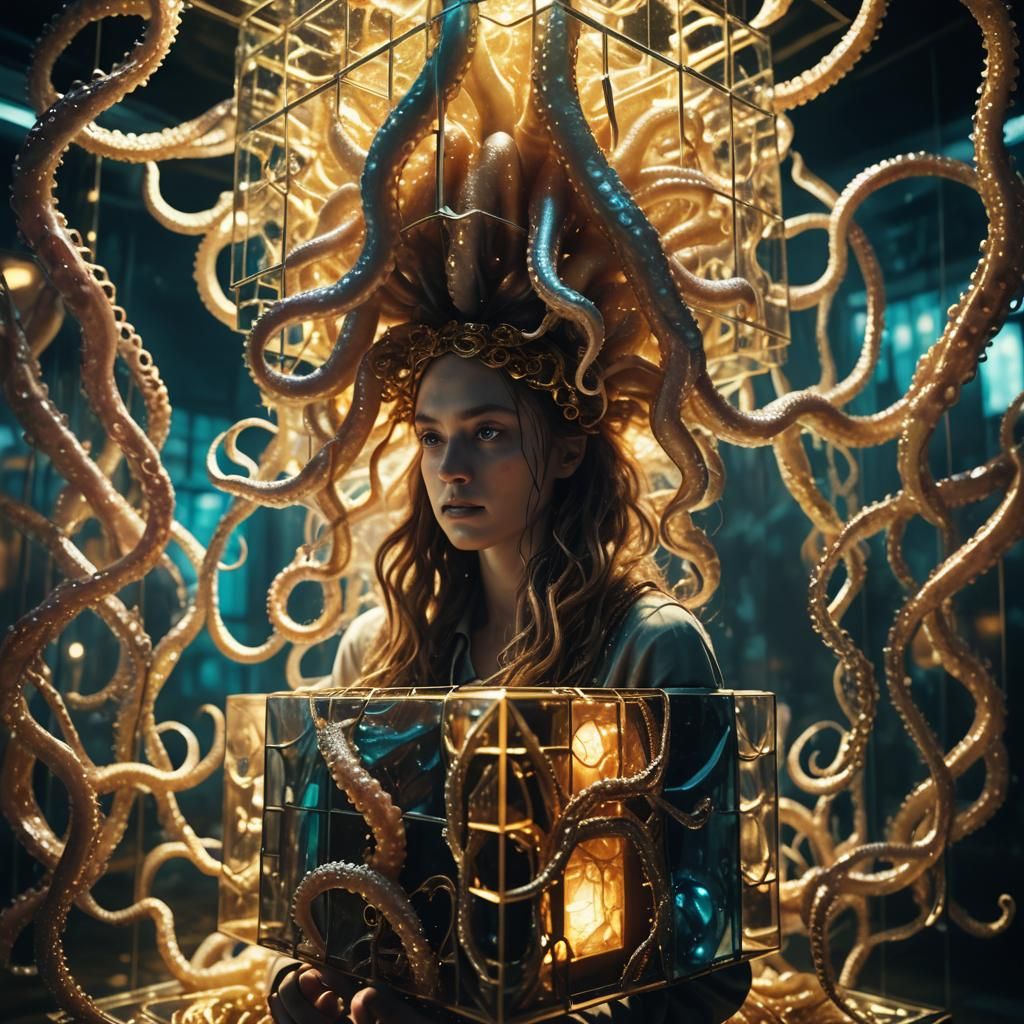 Mystical Being Emerges from Hypercube: Cinematic Film Still