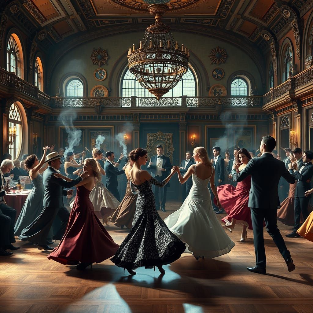 Elegant Automatons Waltz in Whimsical Steampunk Ballroom