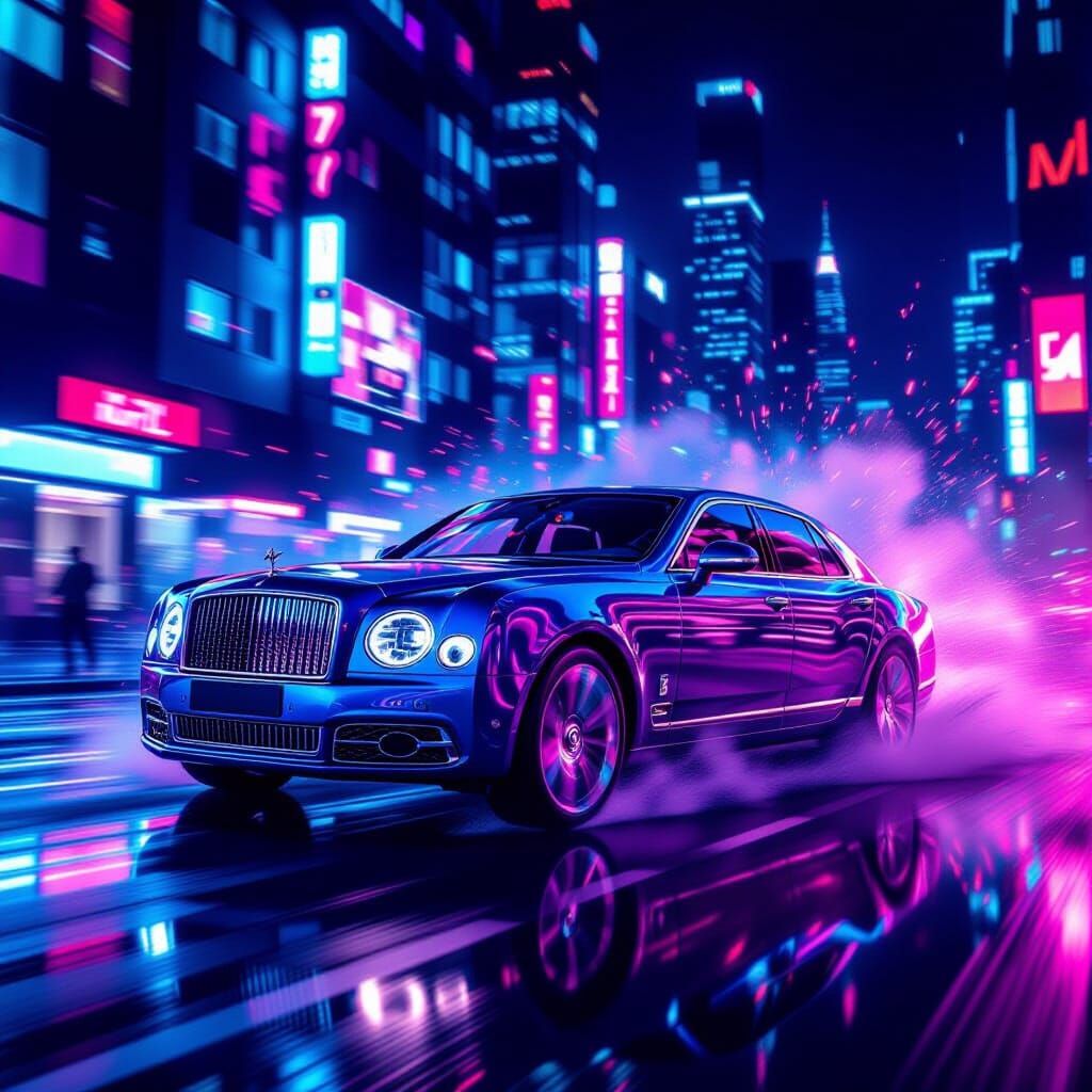 Bentley Mulsanne Speeding Through Neon Cityscape