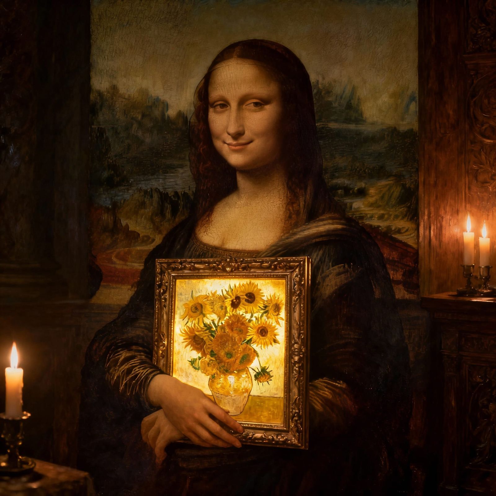 Mona Lisa Holds Van Gogh Sunflowers in Ornate Frame