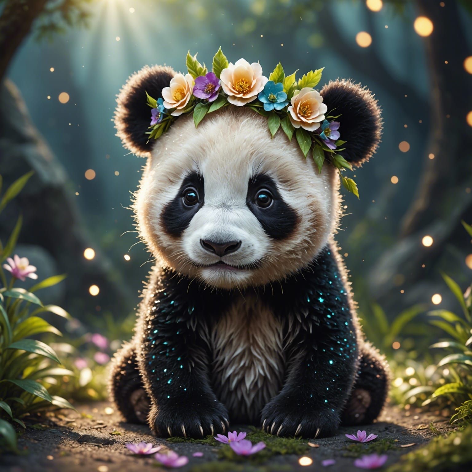 Cute Panda Cub with Flower Crown in 3D