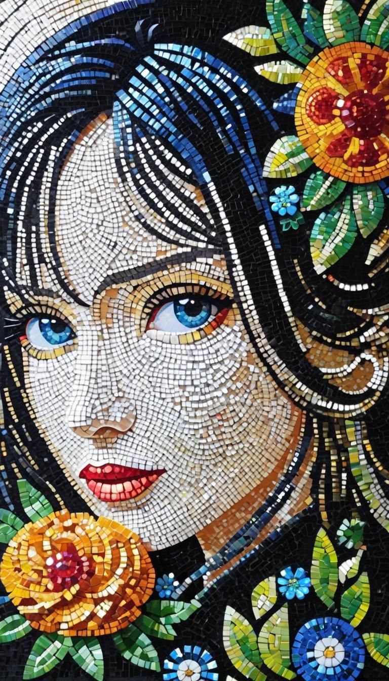 Pointillist Gemstone Mosaic: Woman and Flowers