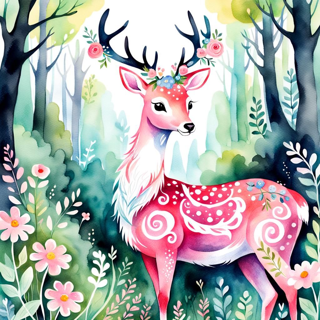 Pink Deer in Forest: Watercolor Fantasy Illustration