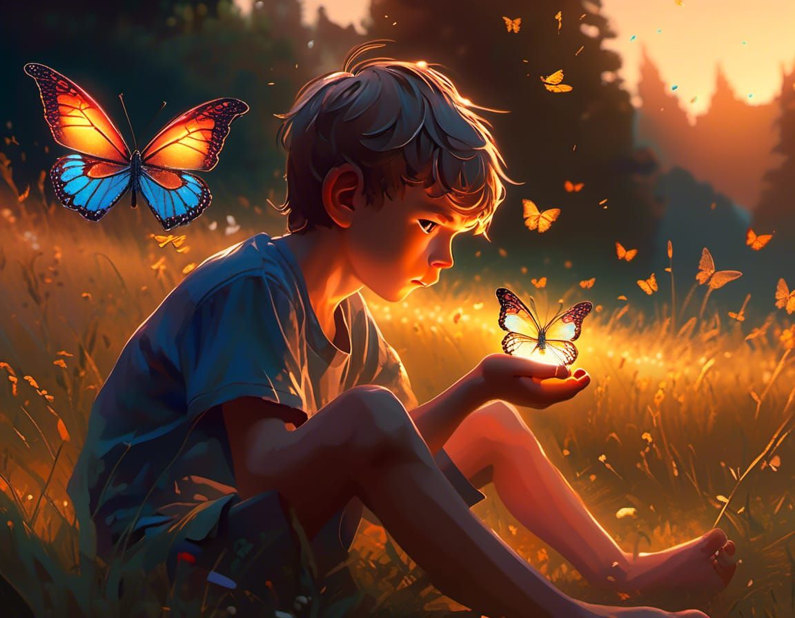 Boy Gazing at Glowing Butterfly in Golden Meadow