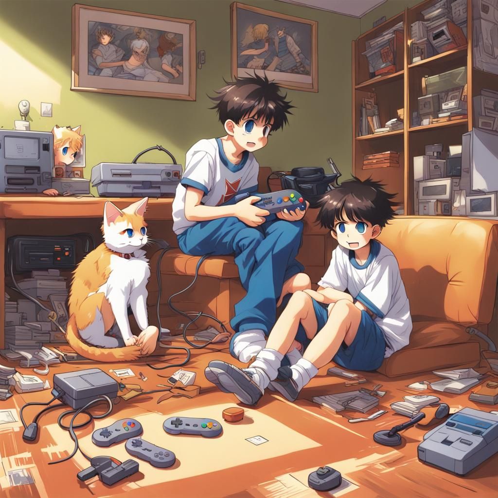 Boys Playing Super Nintendo: Anime-Inspired 1990s Scene