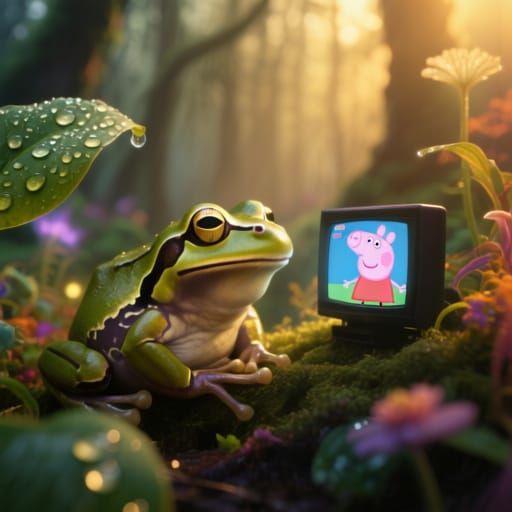Frog Watches Peppa Pig in Mystical Forest at Golden Hour