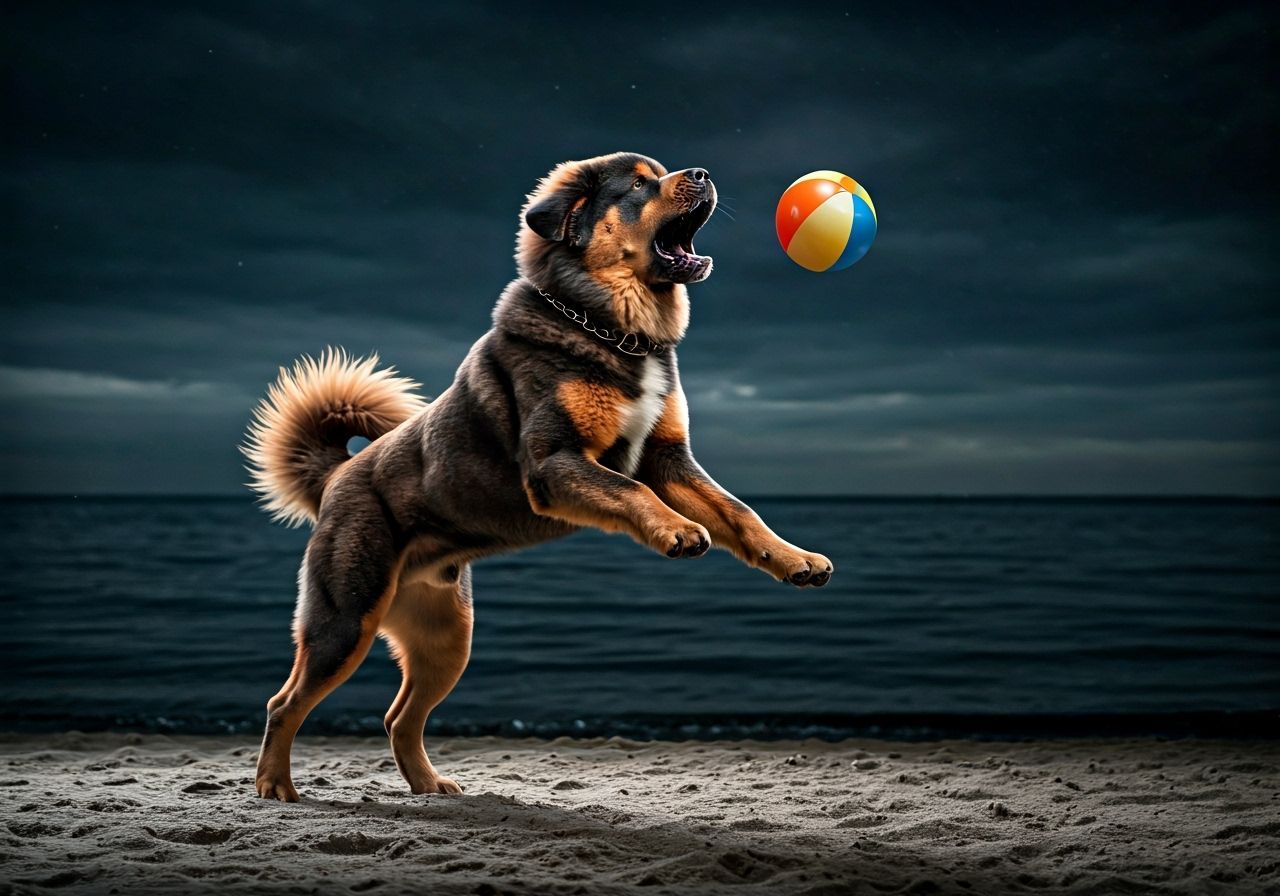 Tibetan Mastiff on Long Island Sound at Night