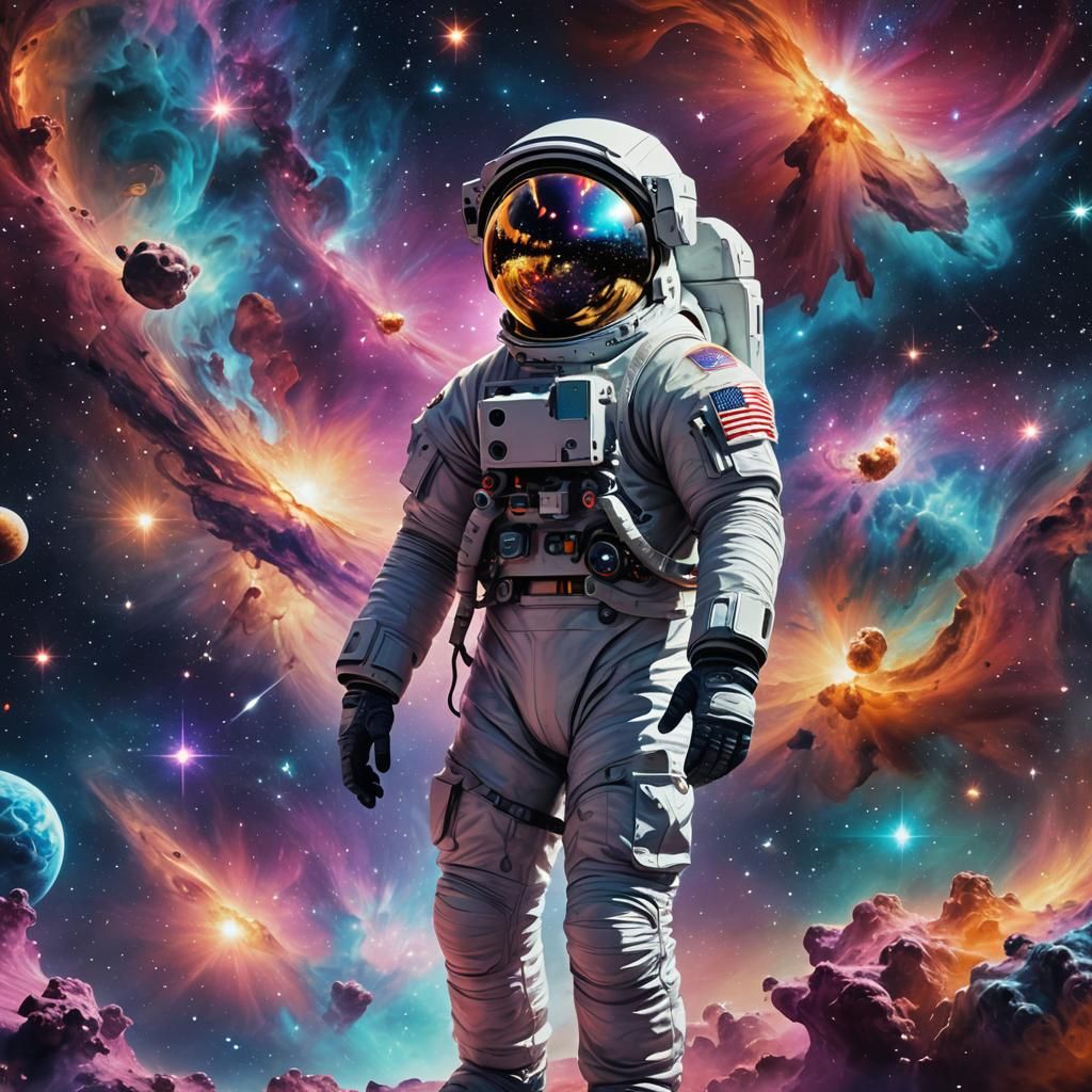 Astronaut on Nebula in Holographic Cosmic Dreamscape