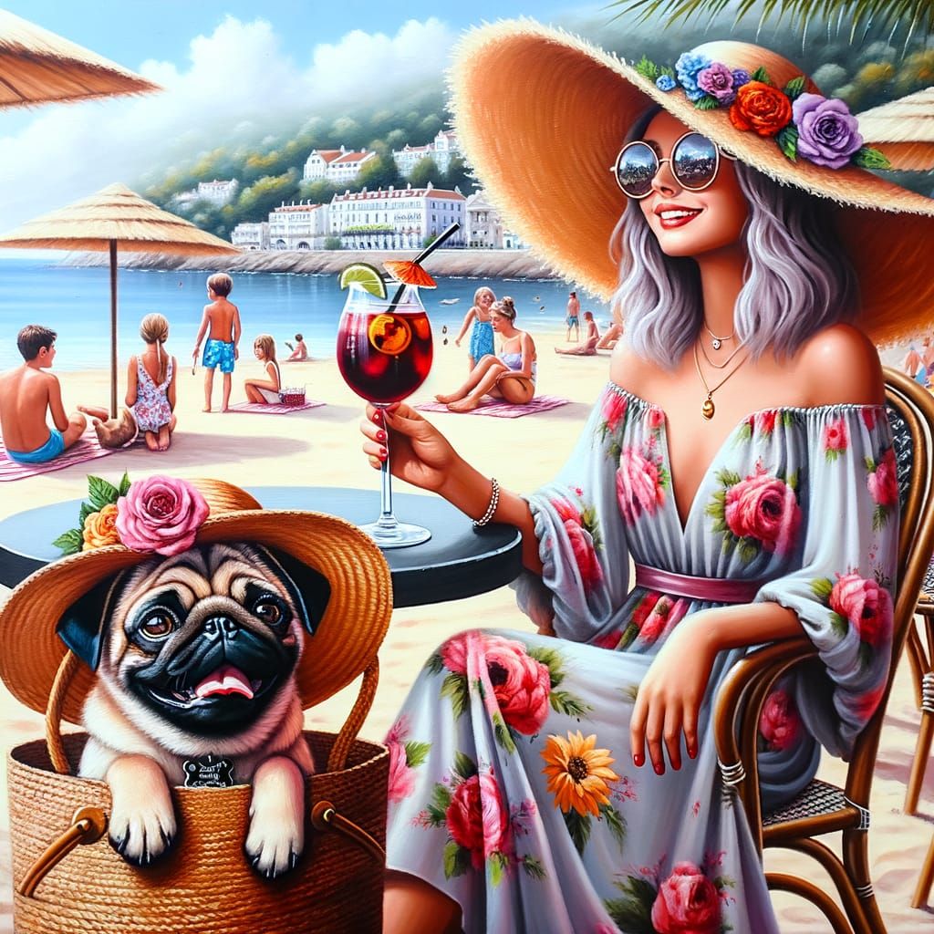 peaceful summer scene. A sweet, happy pug,