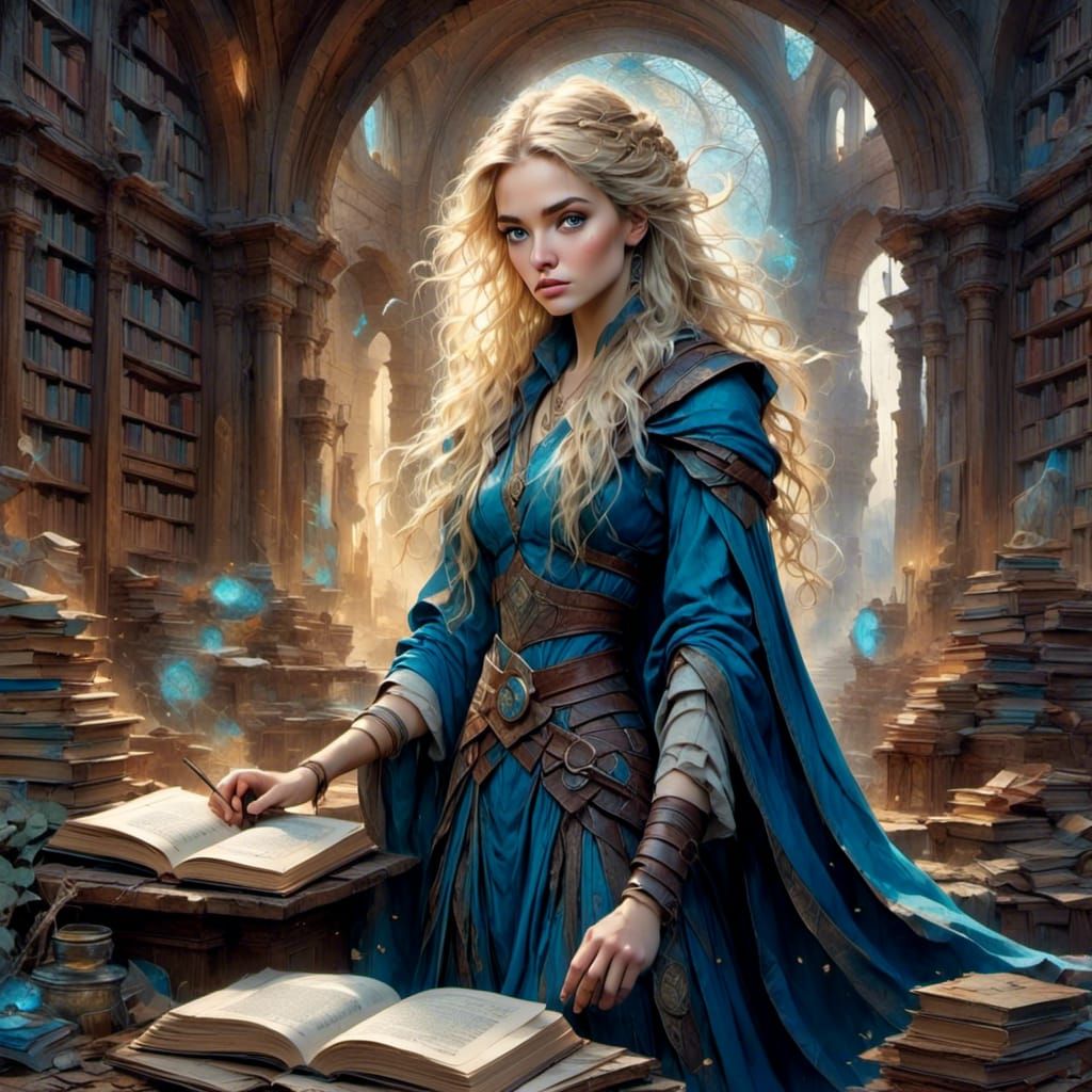Half-Elf Wizard in Library, Fantasy Concept Art