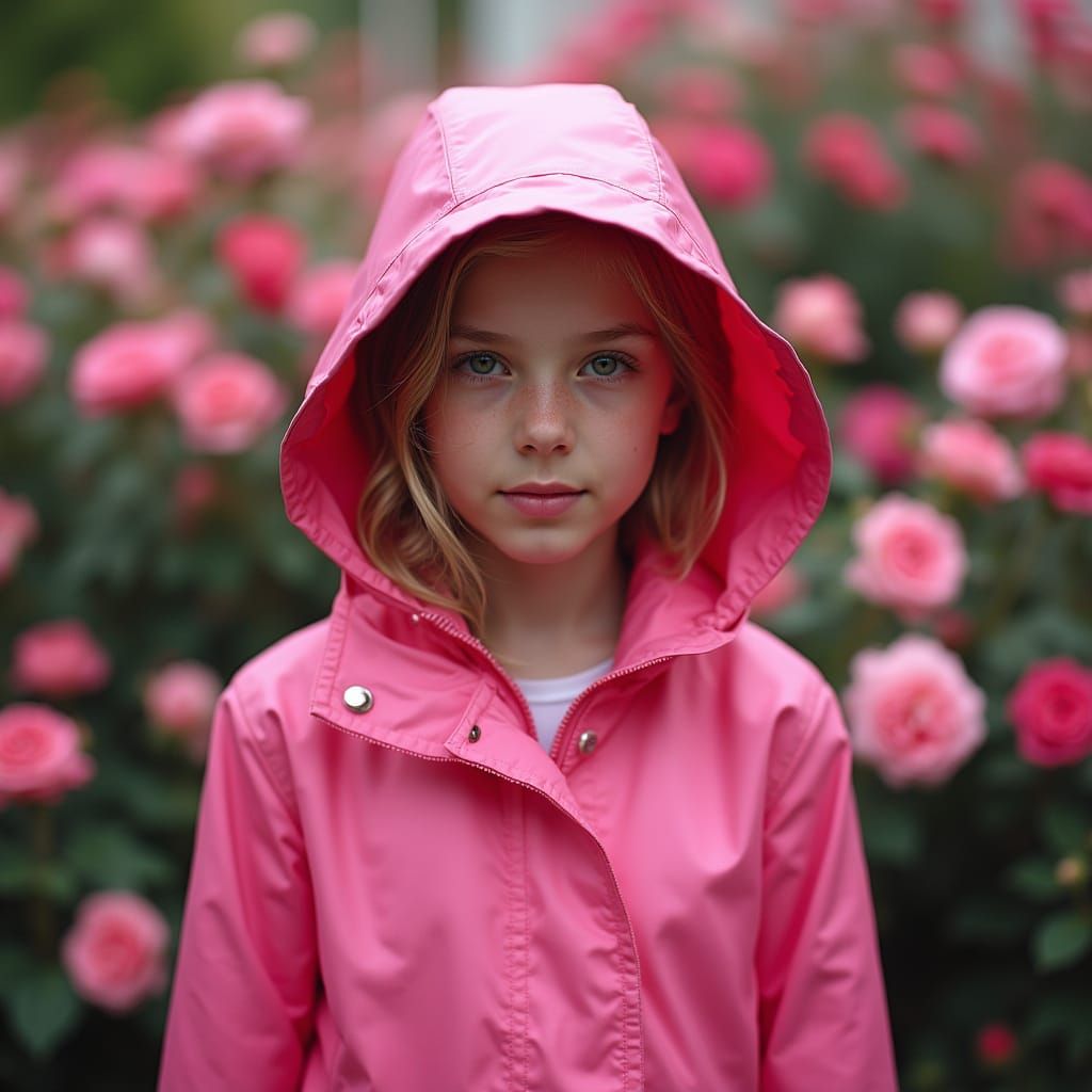 English Teen Girl in Whimsical Pink Raincoat, Captured in Hy...