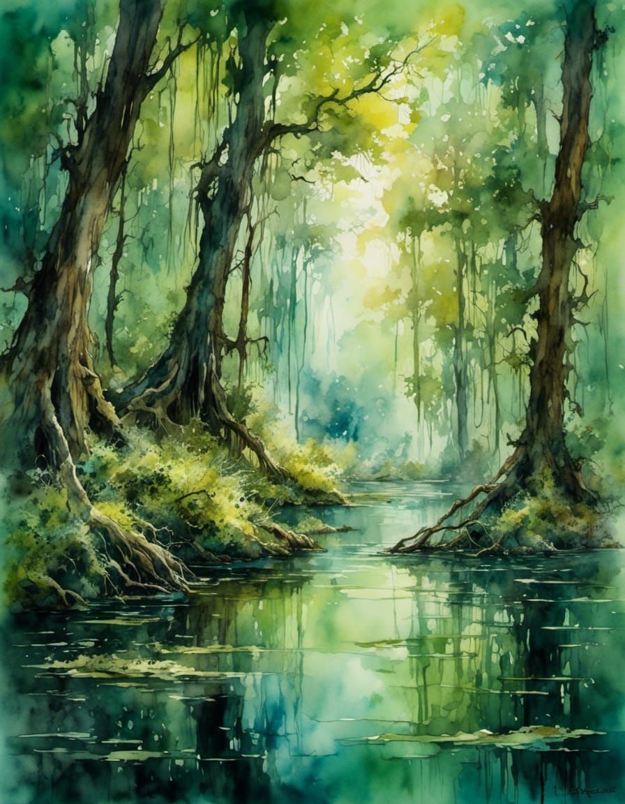 Luminous Watercolor Painting of a Tranquil Green Swamp