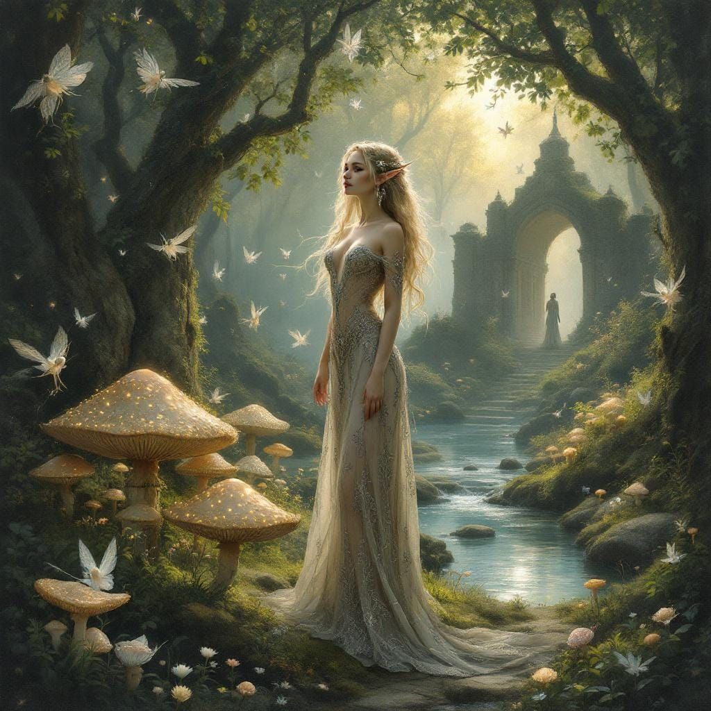 Ethereal Elven Woman in Enchanted Forest