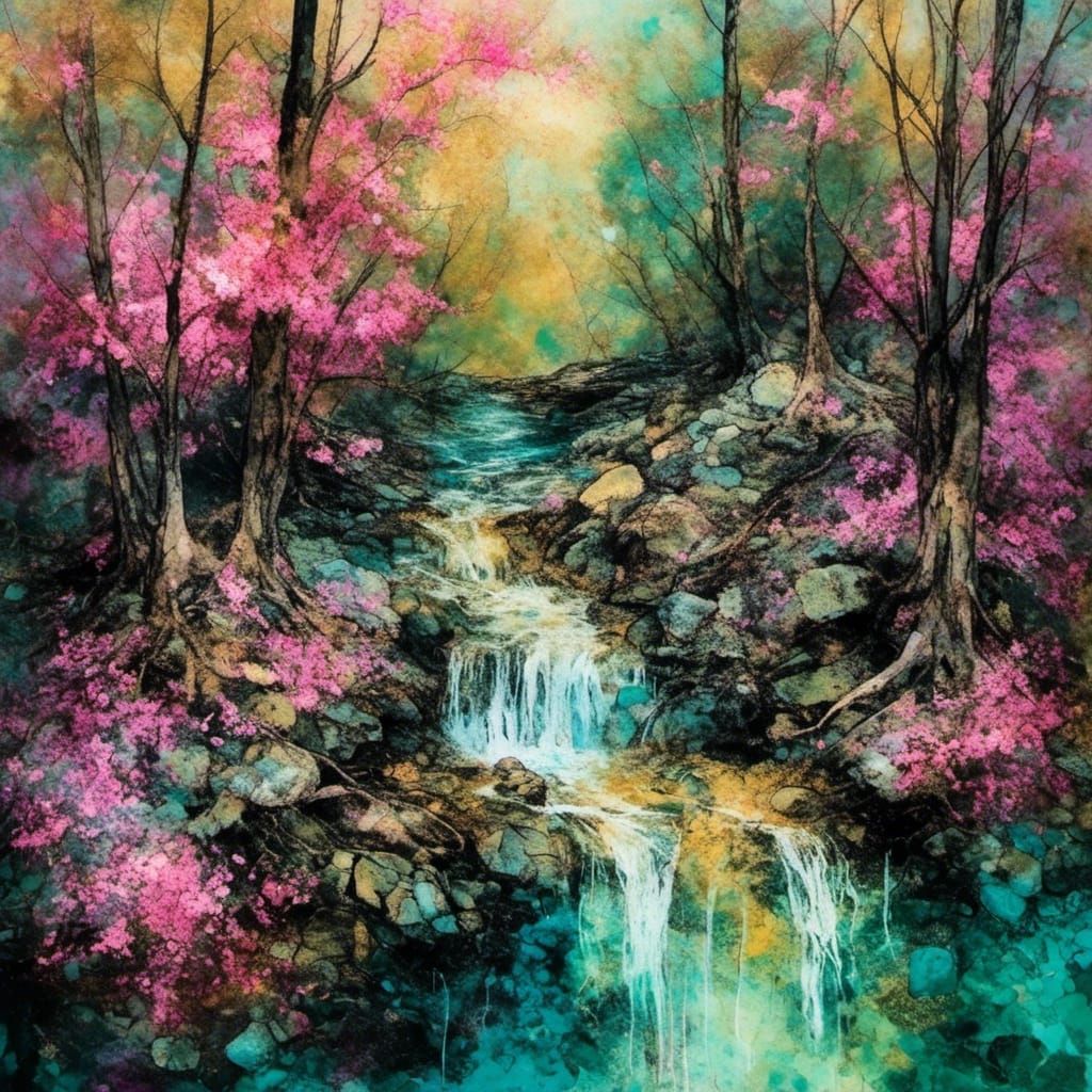 Alcohol Ink Mountain Stream with Waterfall