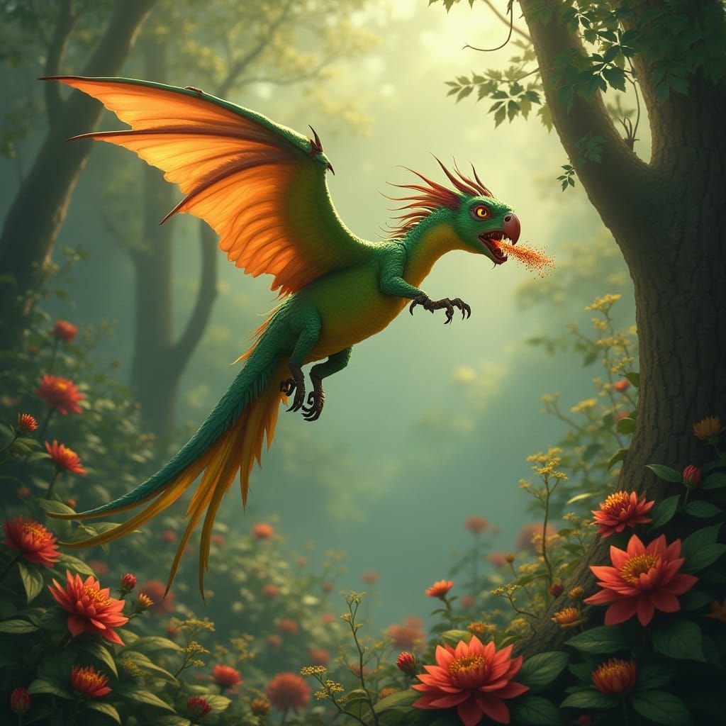 Fantasy Creature Takes Flight in Vibrant Forest Scene