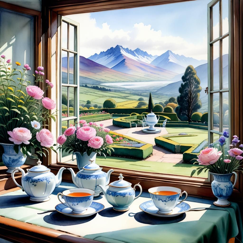 Tea Service with Garden View in Watercolour