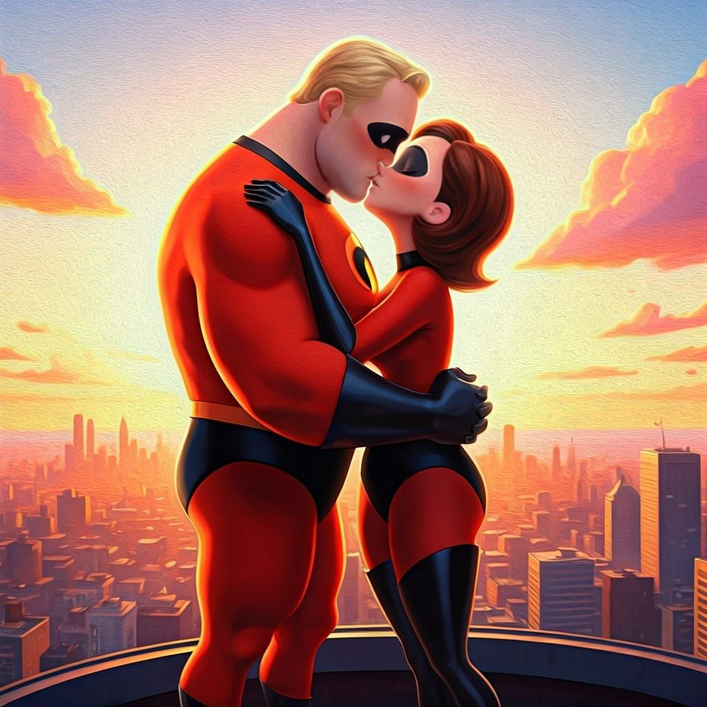Elastigirl and Mr. Incredible's Rooftop Kiss