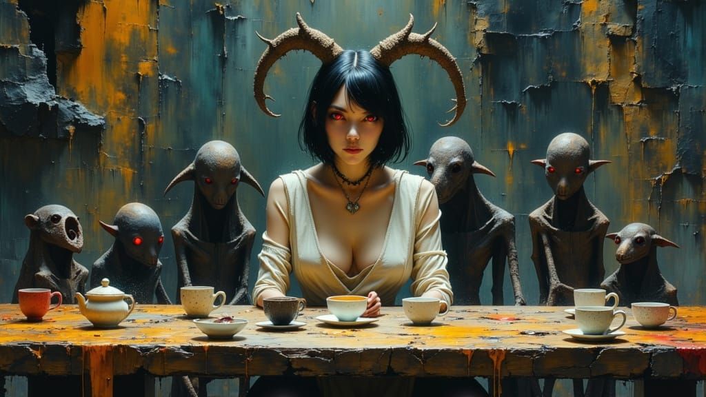 Fantasy Creatures at a Tea Party in Oil Paint Style