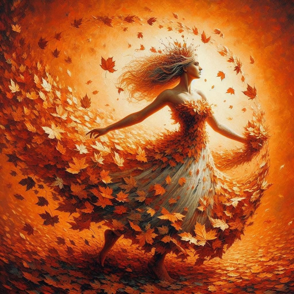 Autumn Leaf Dancer in Medieval Oil Painting Style