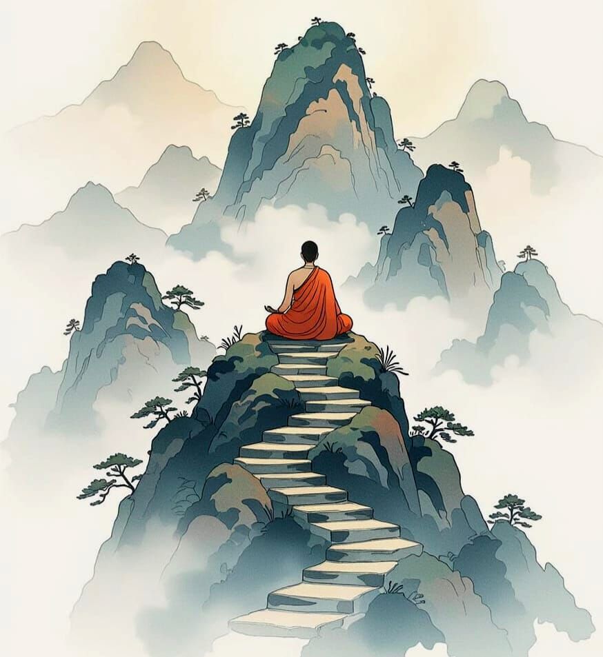 Monk Meditating on Sacred Mountain, Fine Detail Art
