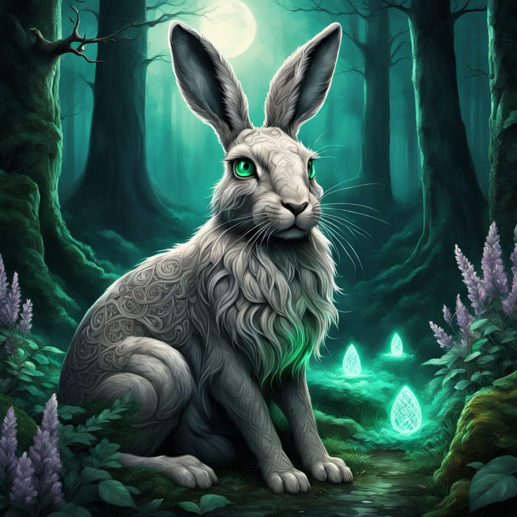 Mystical Celtic Hare in Moonlit Forest Clearing