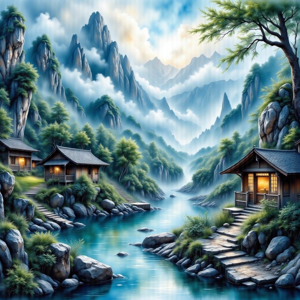 Guizhou Karst Mountain Village Ink Illustration