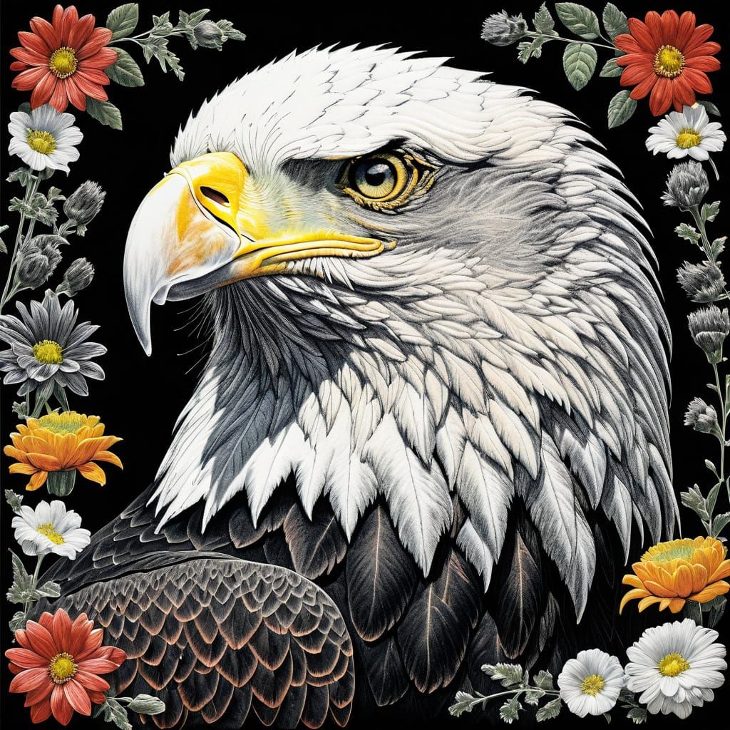 Detailed Chalkboard Illustration of Eagle and Flowers