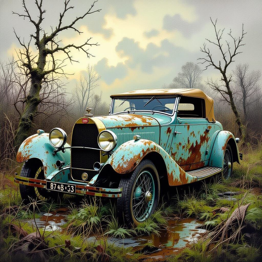Abandoned Bugatti Tourer Covered in Moss and Rust