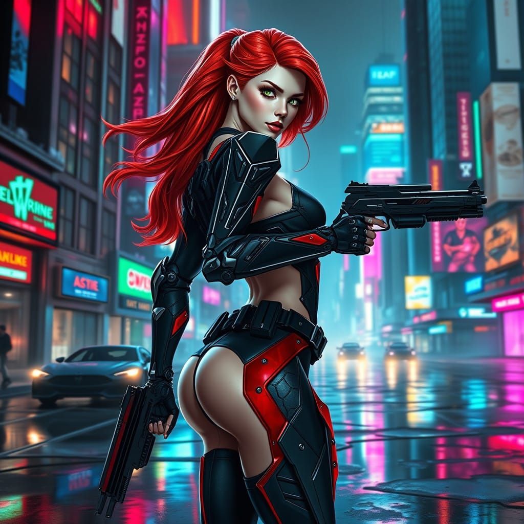 Cyberpunk Warrior in Neon-Lit Cityscape