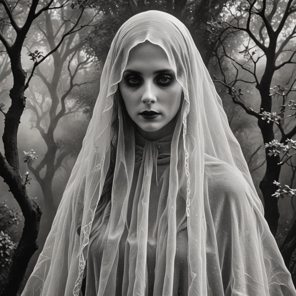 Black and White Surreal Ghostly Veiled Woman