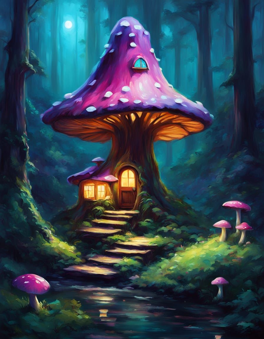 Fairy Mushroom House in Whimsical Bioluminescent Forest
