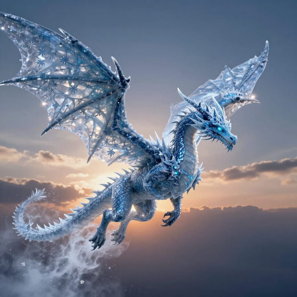 Majestic Ice Dragon Soars Through Twilight Sky