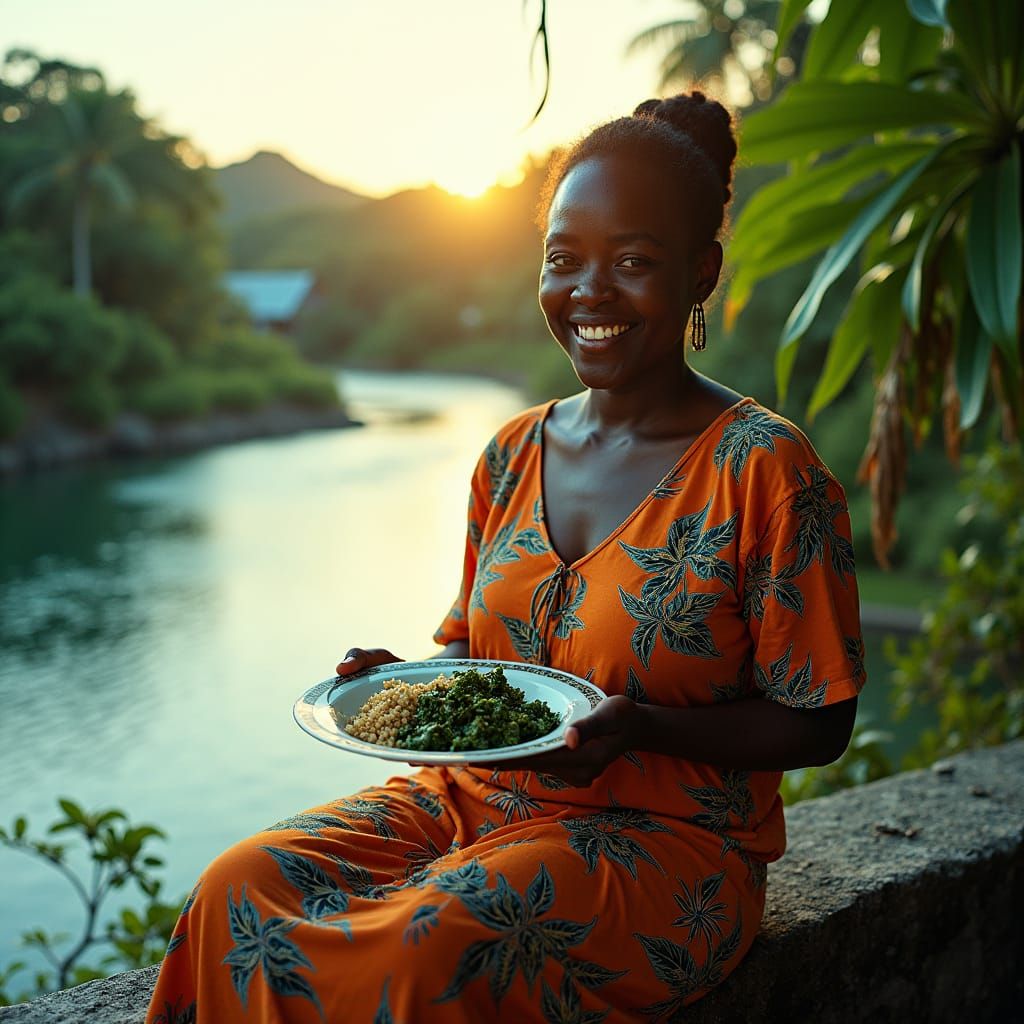 Dominican Woman Enjoys Callaloo by River in Sunlight