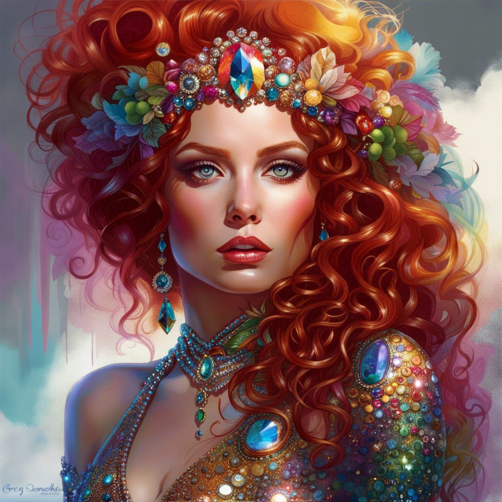 Fantasy Queen with Rainbow Gems in Digital Art Style