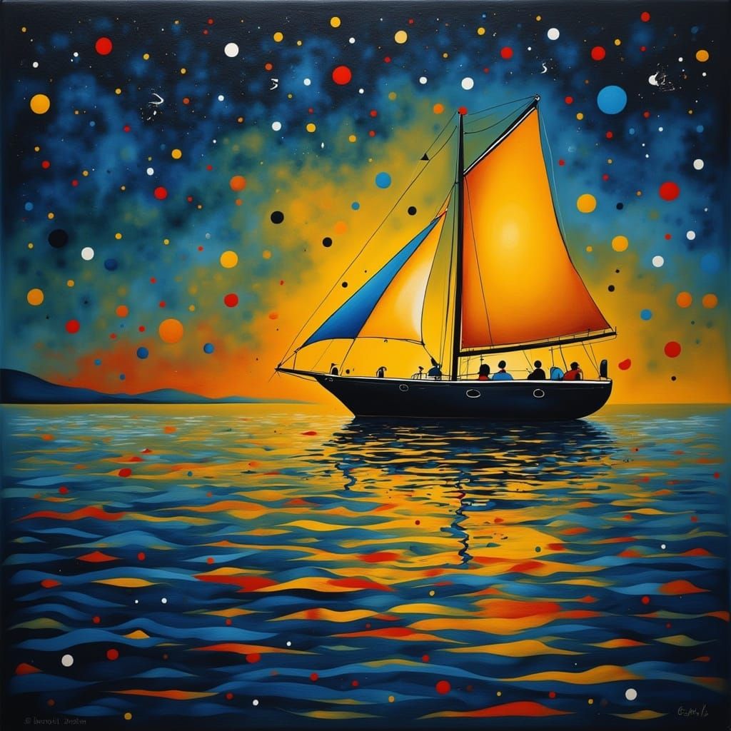 Impressionist Sailboat Scene Under Starry Night Sky