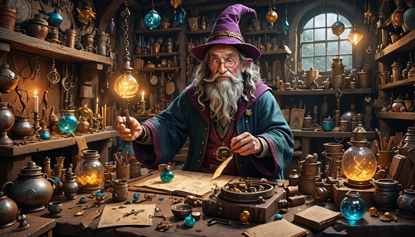 Clumsy Apprentice in Whimsical Wizard's Workshop