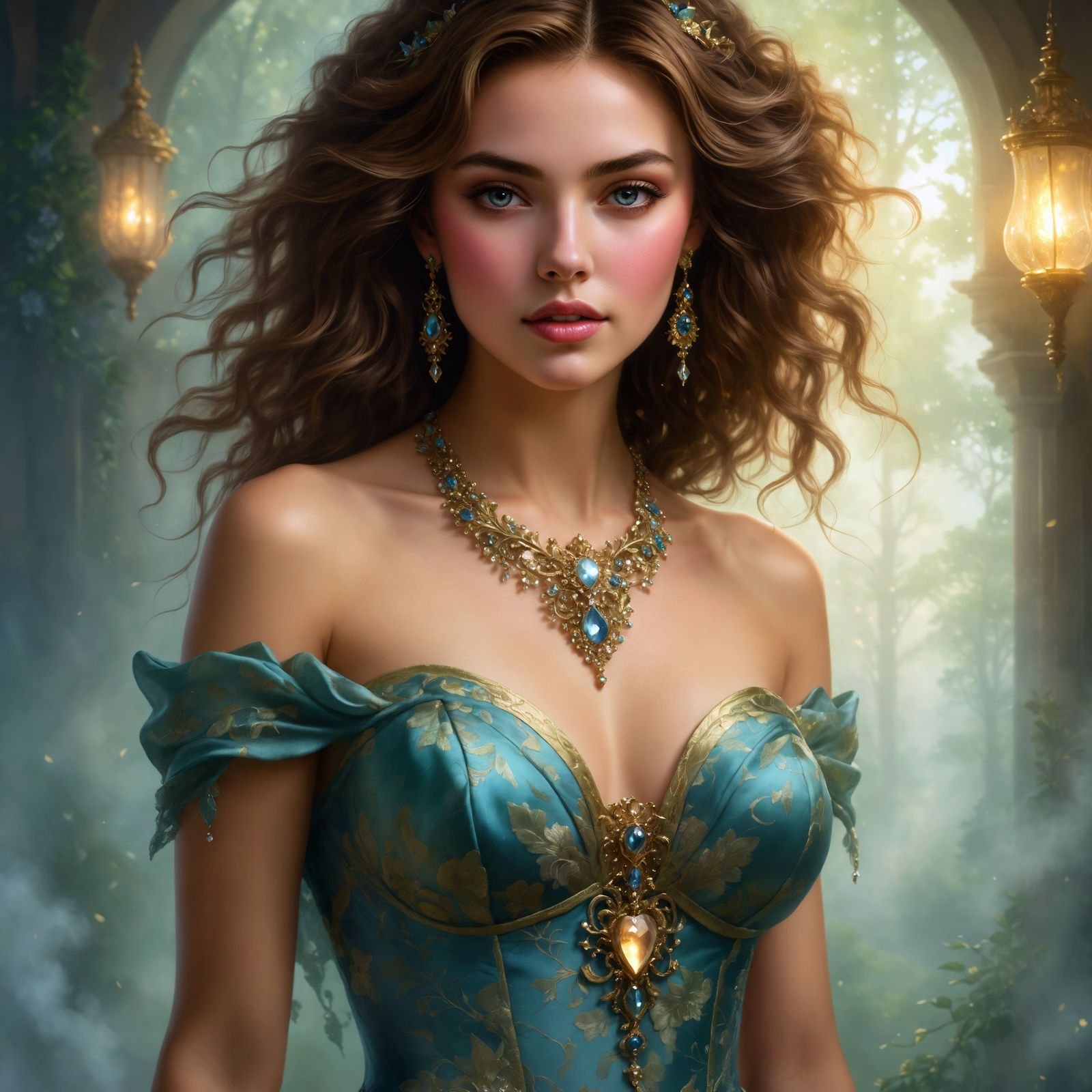 Radiant Woman in Brocade Gown: Digital Portrait