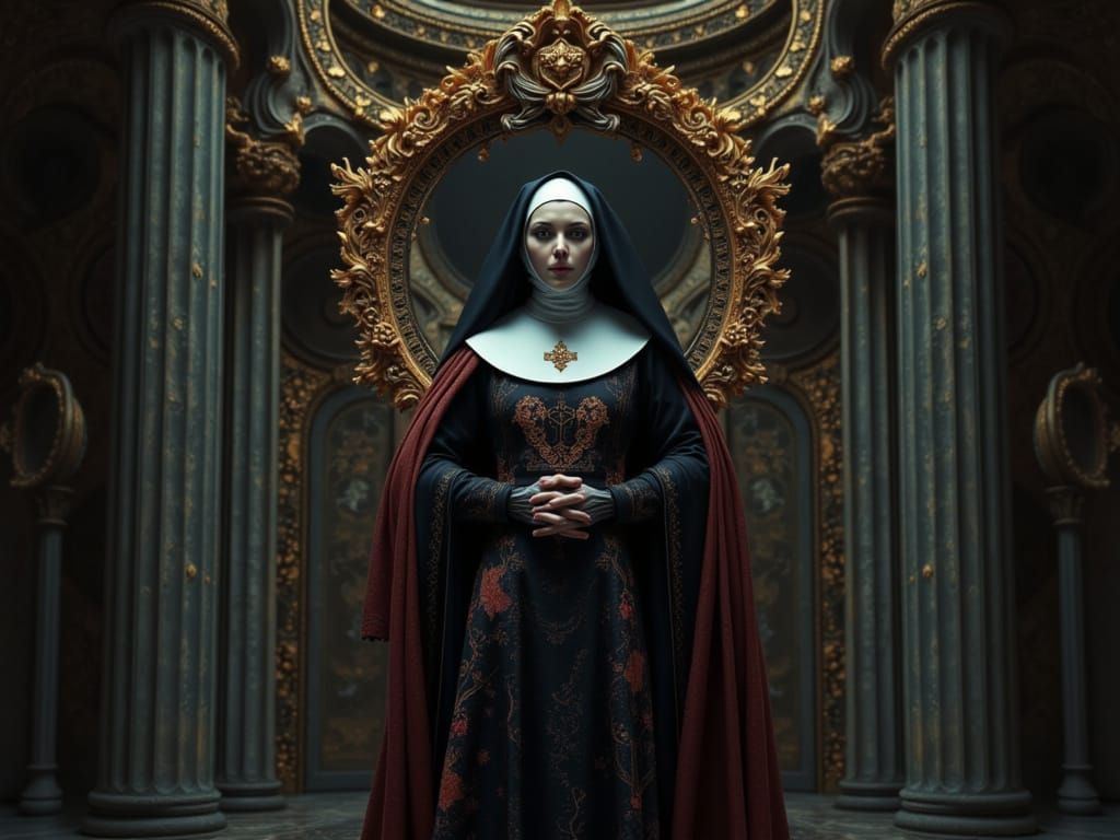 Enigmatic Nun at Gothic Altar in Sacripunk Style