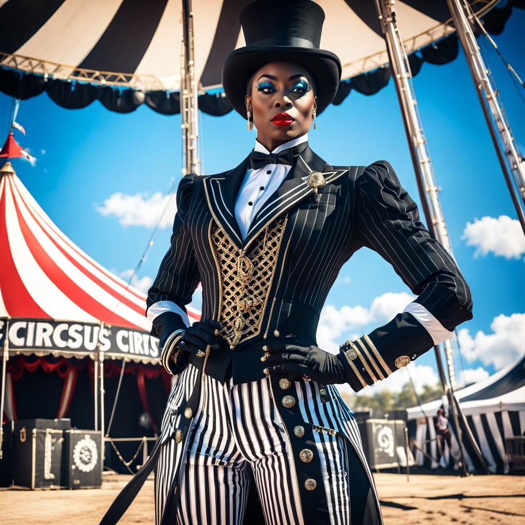 Black Female Ringmaster in Cinematic Circus Scene