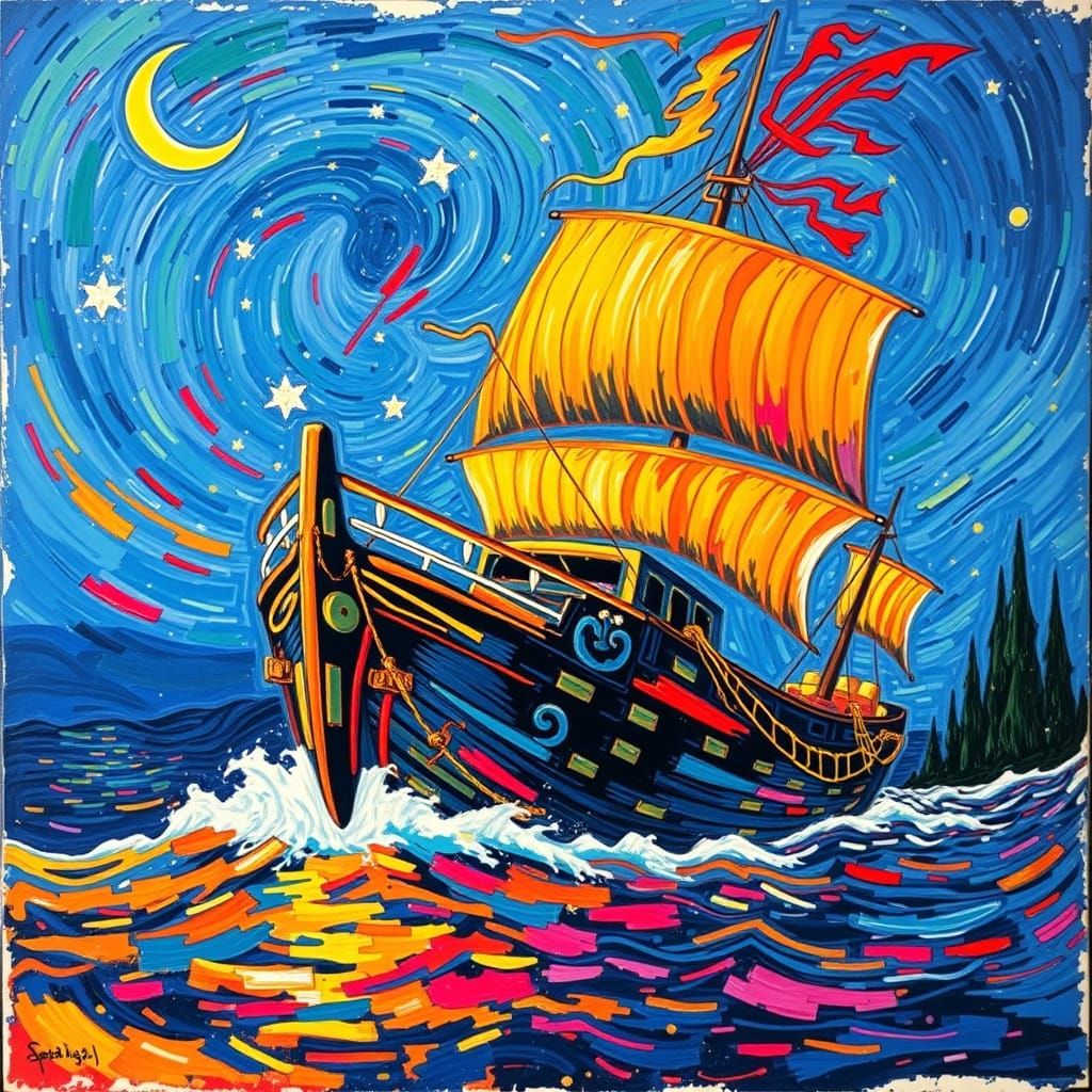 Majestic Post-Impressionist Ship in Starry Night Sky