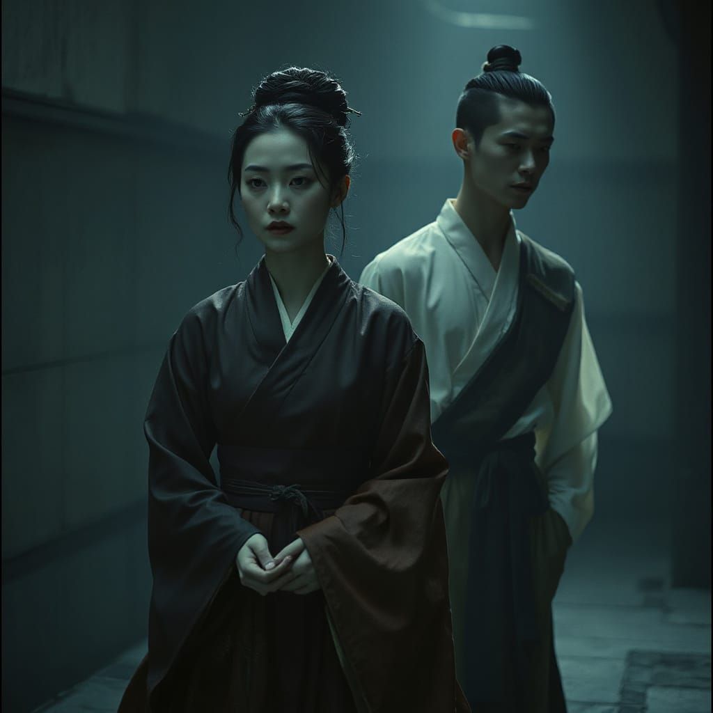 Ethereal Yokai Accompanies Noblewoman: A Pre-Raphaelite Tale