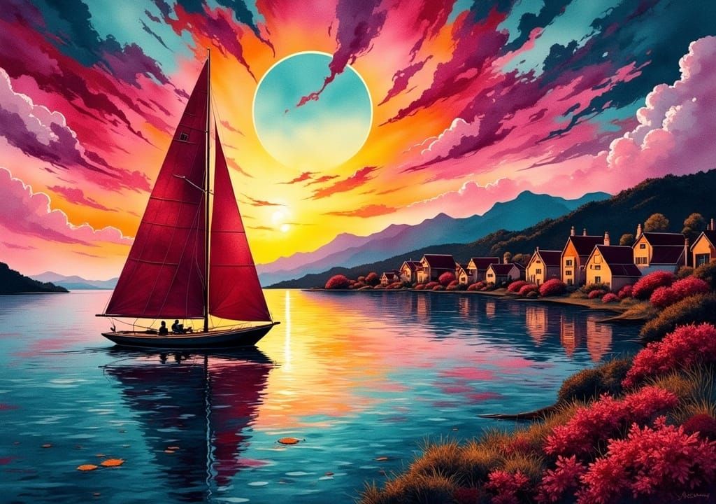 Sailboat at Sunset: Cubist Surrealism in Digital Art