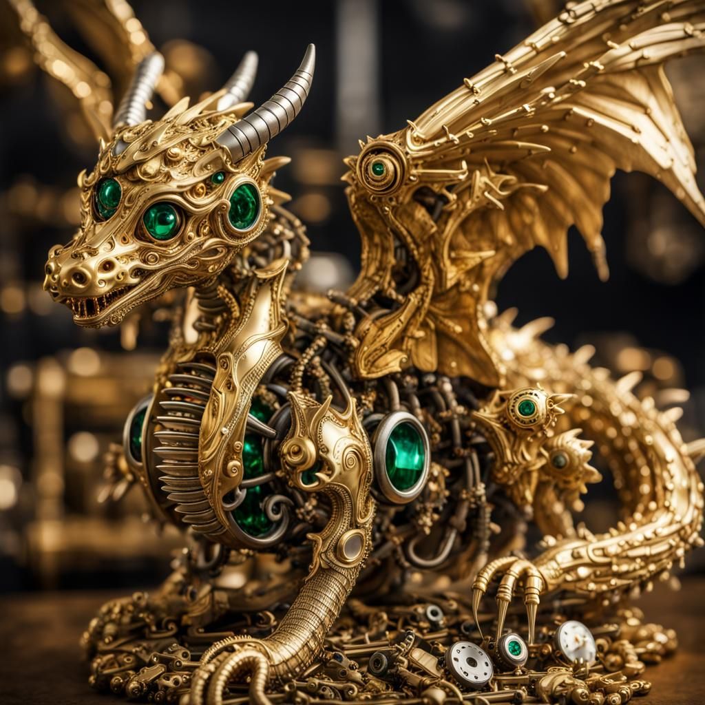 Golden Steampunk Dragon in Jewel-Filled Nest