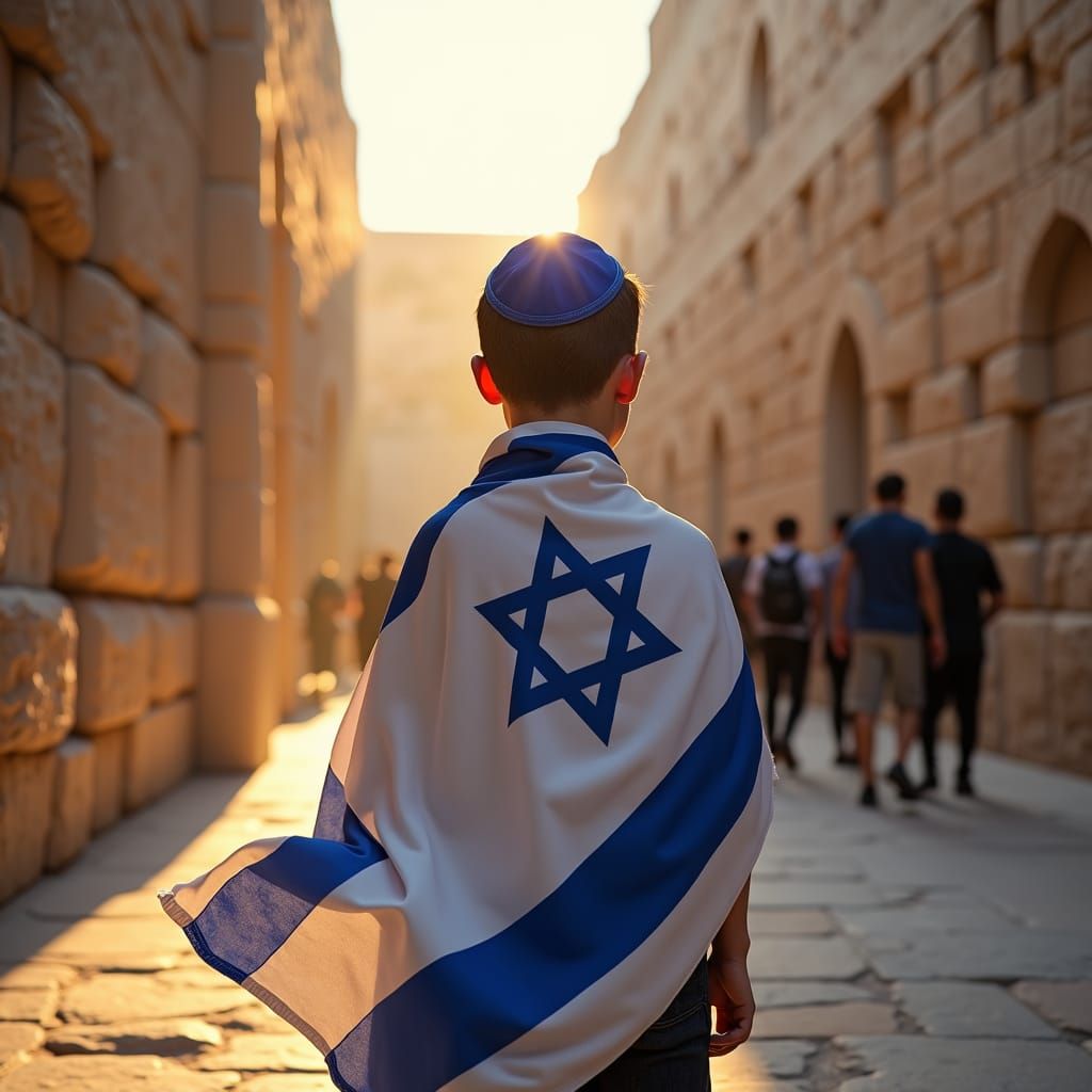 Israeli Boy at Western Wall in Digital Art Style