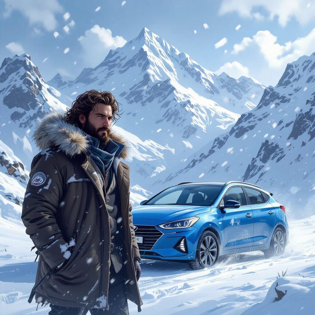 Ertuğrul Portrait in Snowy Mountains with Hyundai Accent
